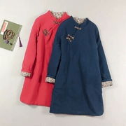 Trung Quốc phong cách retro sườn xám cotton và vải lanh cotton phụ nữ quần áo mùa đông Trung Quốc dịch vụ trà dài áo khoác bông bông áo choàng - Bông