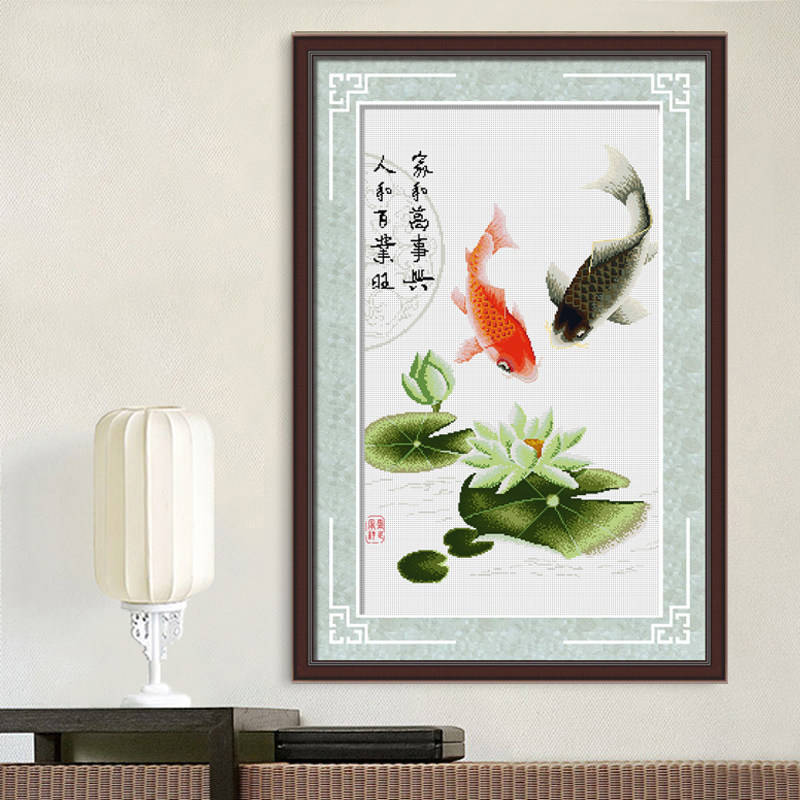 Year year more than fish cross stitch 2022 new line embroidered living room lotus flower small piece type simple embroidered home hand