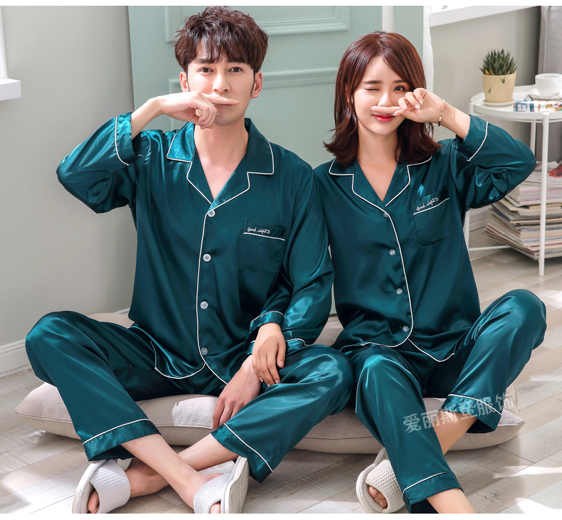 Bộ đồ ngủ đôi mùa xuân và mùa thu băng lụa đồ ngủ nam dài tay lụa nữ hai mảnh phù hợp với phiên bản tiếng Hàn của dịch vụ gia đình cỡ lớn đồ bộ thun lạnh