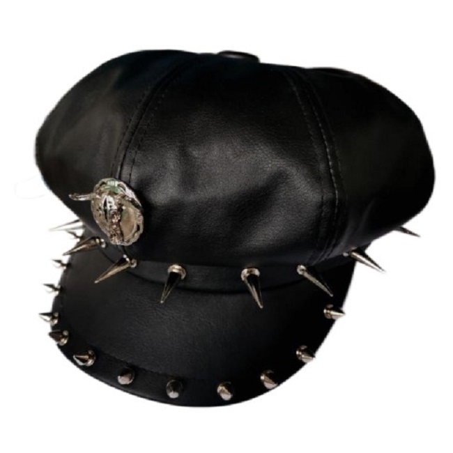Young Yingren Fashion 100 Lap Leather Hat Punk Wind Rock Beret Leather Autumn Winter Hat Rivet Casual Short Hat along the hat