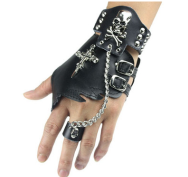 Performance rivet punk leather gloves male and half finger gloves male Korean version Skull skull head Perak Dancing glove Luo Zhixiang