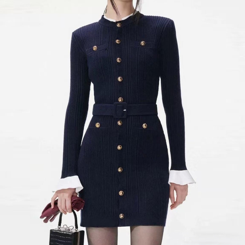 Effie Balmain 2025 Spring and Autumn New Long Sleeve Round Neck Belted Knitted Versatile Slim Fit Short Dress