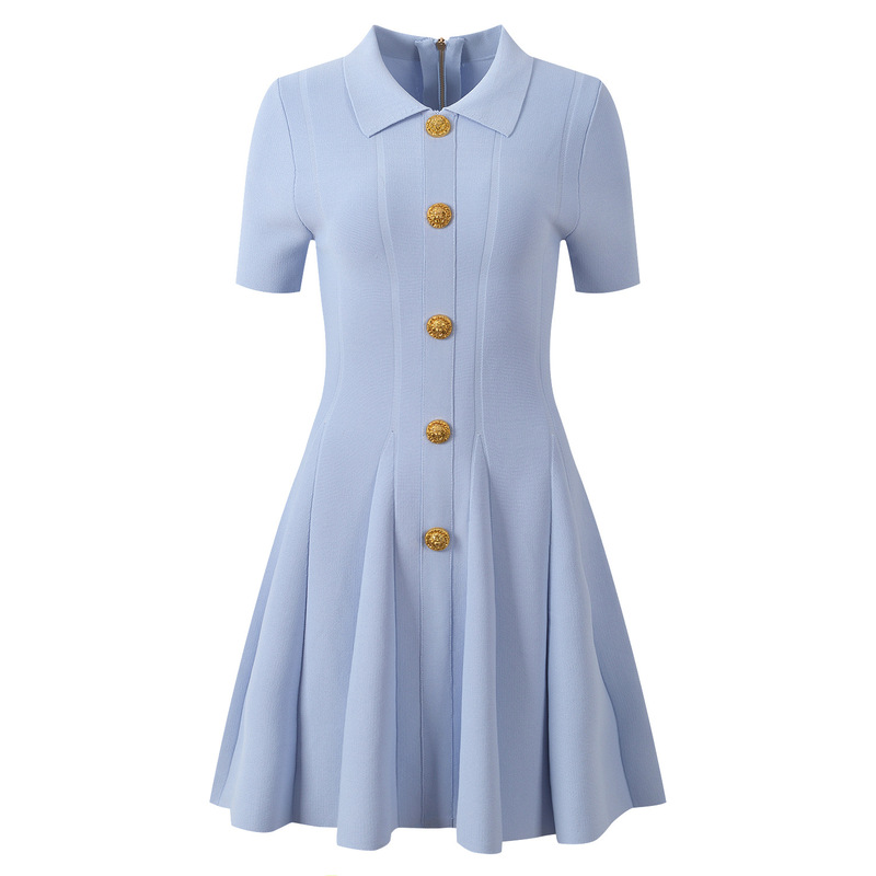 Effie Balmain 2026 Summer New Style Chanel-Inspired Metal Buckle Fashionable Slim-Fit Polo Collar Short-Sleeve Dress
