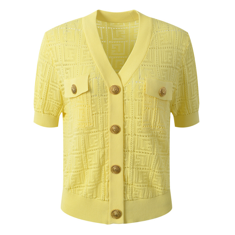 Effie Balmain 2026 Summer New Style Gold Buckle Hollow Jacquard V-Neck Short Sleeve Knitted Fashion Versatile Thin Top Effie Balmain 2026 Summer New Style Gold Buckle Hollow Jacquard V-Neck Short Sleeve Knitted Fashion Versatile Thin Top