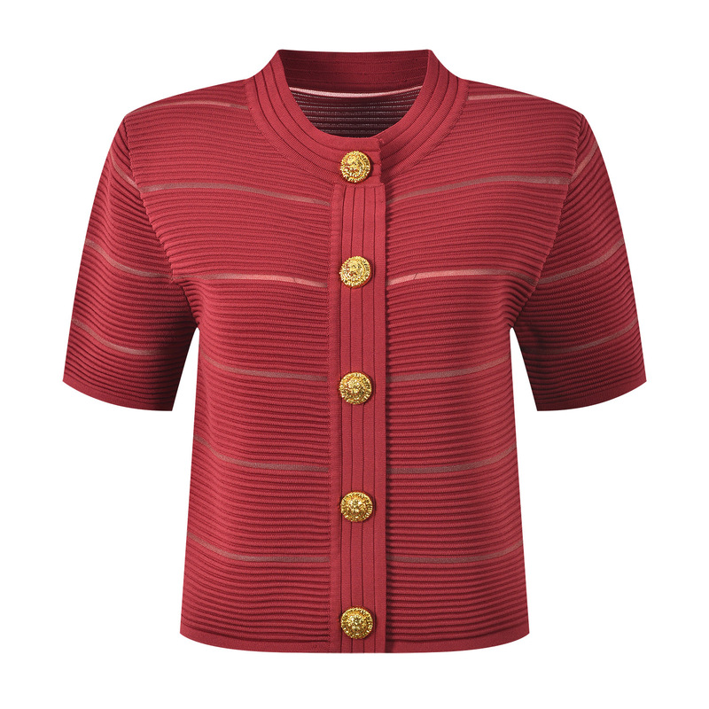 Effie Balmain 2026 Summer New Luxury Metal Buckle Ribbed Stylish Versatile Round Neck Short-Sleeve Top