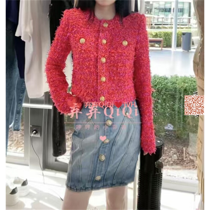Balmain Mid-Year Special Discount 80% off Red Woolen Cardigan with Gold Buttons Knitted Short Jacket