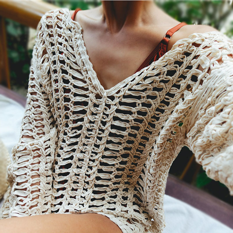 45-61kg Cotton Loose-Fitting Hollow-Out Pullover V-Neck Knit Sweater See-Through Chunky Knit Crochet Hollow-Out Fishnet Sweater Long Sleeve