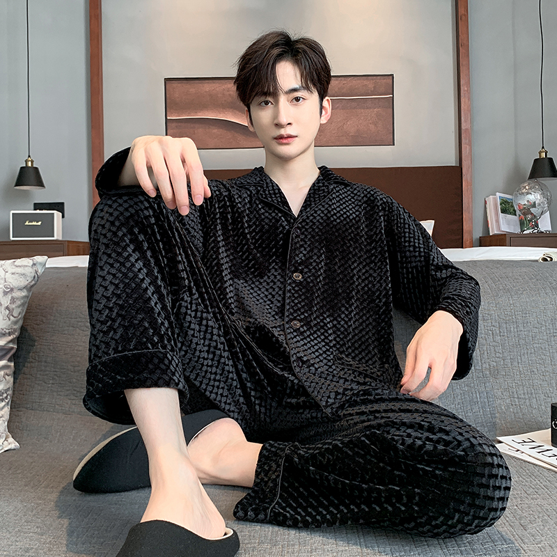 Pajamas for Men, Autumn and Winter Set, Black Long-Sleeved Loose Coral Velvet Home Clothes Set, Island Velvet Warm Spring and Autumn Style