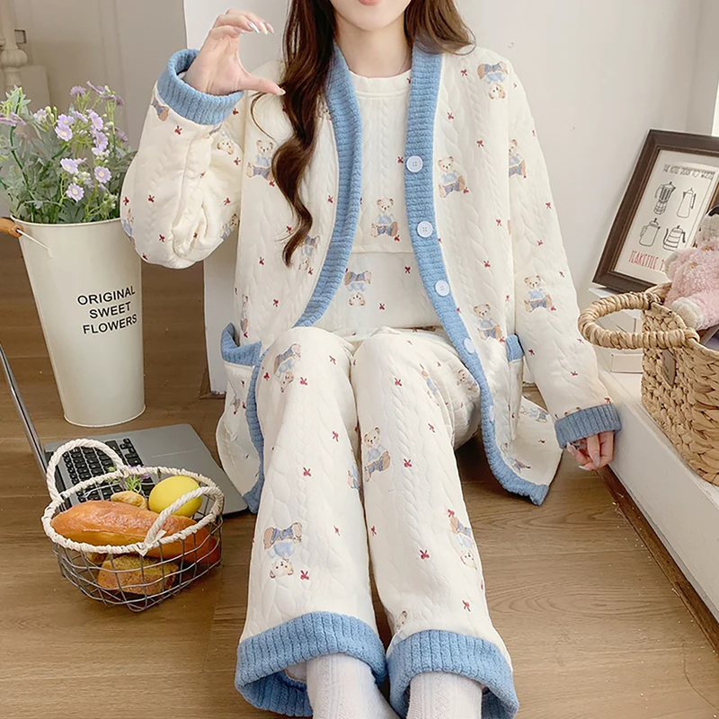Japanese Air Cotton Postpartum Clothing with Breast Pads, Three-Piece Set, Winter Thickened Pure Cotton, Postpartum Nursing, Plus-Size Maternity Pajamas