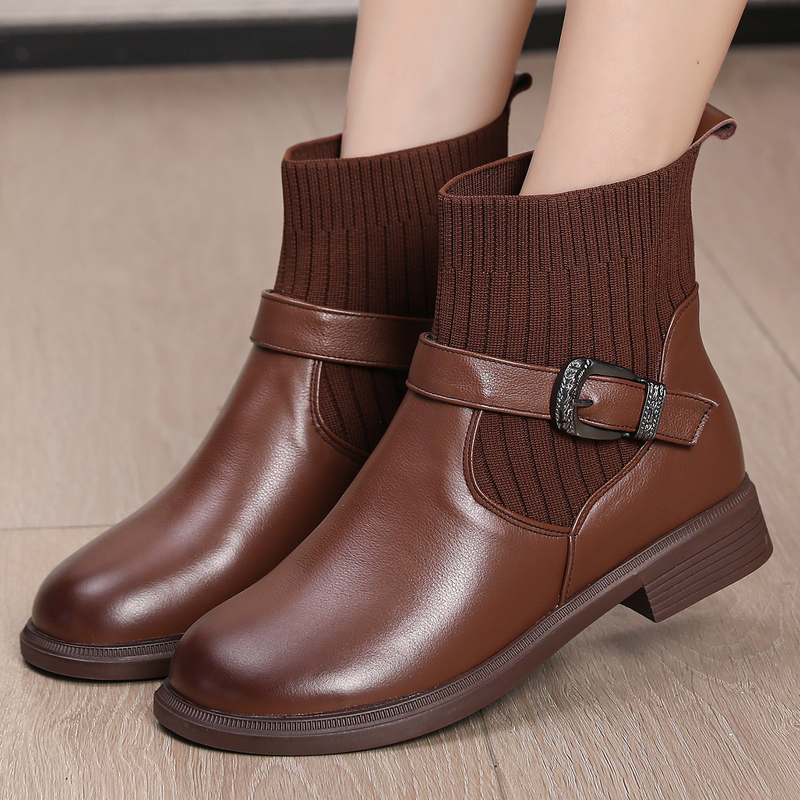 Genuine Leather Short Boots, Autumn and Winter Knitted Elastic Boots, Soft-Soled Mom Boots, Flat-Soled Stylish Large Size Shoes 41-43, Martin Boots