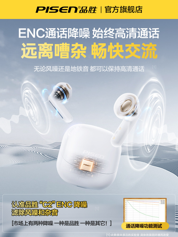 Pisen Bluetooth Headphones Enc Intelligent Noise Reduction Wireless Semi-In-Ear New Model Ultra-Long Battery Life for Gaming and Music