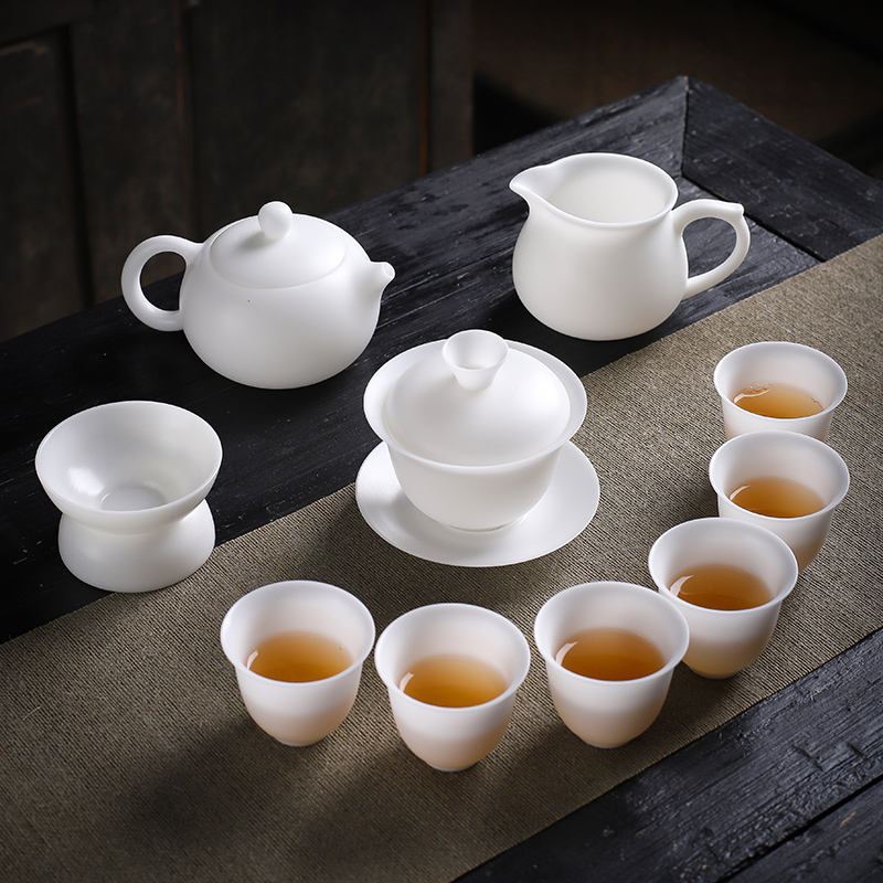 High-end Deed tea set Fengming pot suit shea butter jade white porcelain thin tire lid bowl whole set of tea set pure handmade ice seed-Taobao