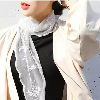 Peijin lace small scarf female new white lace fresh silk scarf black scarf small long scarf diagonal embroidery flower