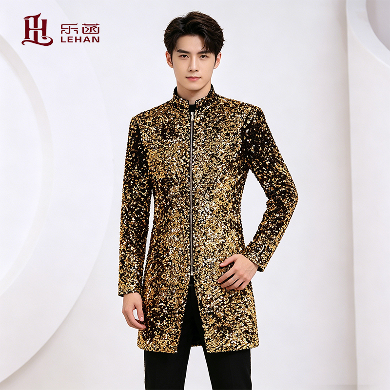 Men's Gold Velvet Sequin Stand-Up Collar Mid-Length Performance Suit Casual Blazer Male Singer Banquet Catwalk Dress Men's Gold Velvet Sequin Stand-Up Collar Mid-Length Performance Suit Casual Blazer Male Singer Banquet Catwalk Dress