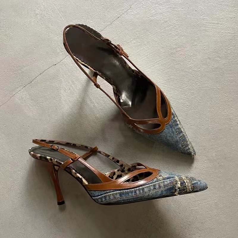 Denim Blue Cloth Toe-Cap Sandals for Women, 2025 Summer New Style, Pointed Toe, Stiletto Heel, Open Back, Single Strap, Sexy High Heels