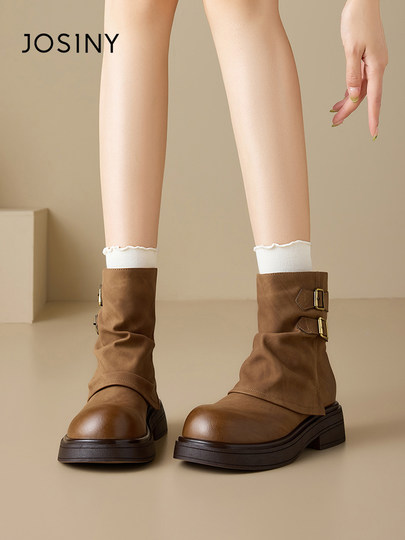 Zhuoshini Meilade Martin Boots for Women, Winter Fleece-Lined Cotton Shoes, Western Cowboy Boots, Riding Boot-Style Short Boots