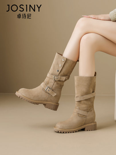 Zhuoshini Botas Largas de suela gruesa para mujer, otoño 2025, nuevas botas retro de vaquero del Western, botas de caballero con realce interior de tacón grueso