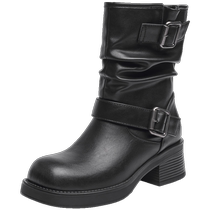 Zhuoshini round toe thick heel pile boots 2024 new autumn and winter pleated increased one-legged metal buckle mid-calf boots