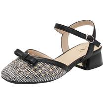 Zhuoshini Baotou Sandals Womens 2024 New Summer French Versatile Bow Thick Heel Breathable Plaid Shoes