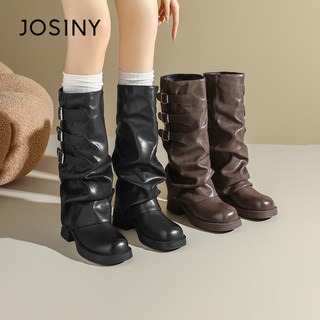 卓诗尼褶皱堆堆靴女2025冬新款皮带扣西部靴牛仔粗跟骑士靴高筒靴
