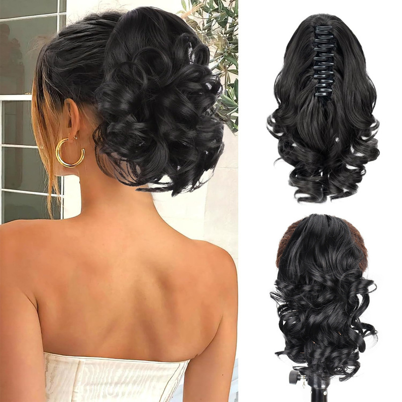 Wig Clip Short Ponytail Roman Curls Natural Realistic Synthetic Fiber Wavy European and American High-Temperature Fiber Wig for Women