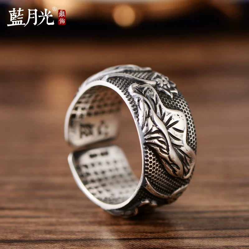 Blue Moonlight s999 Trang sức bạc nguyên chất Cổ điển Bạc Thái Lá sen Lá sen Trái tim Kinh điển Sterling Silver Ring Nhẫn nam Mở rộng - Nhẫn