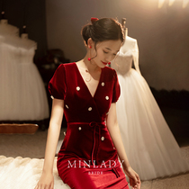 Famous) toast bride 2021 new cheongsam wedding banquet temperament Red engagement velvet dress