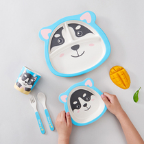 Papa bear bamboo fiber tableware set combination Husky cartoon childrens three-grid dinner plate Children baby eating bowl