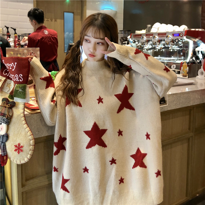 VK旗艦店 韓國風時尚五角星寬鬆休閒毛衣長袖上衣
