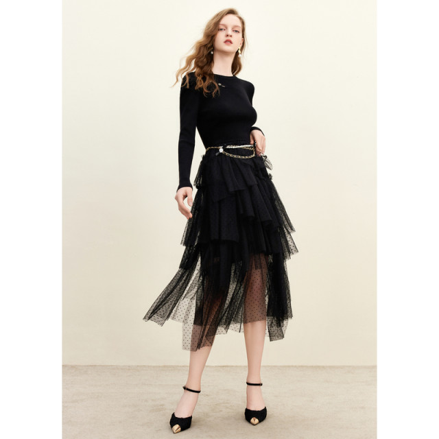 MISSCOON High Waist Mesh Splicing Cake Skirt 24 Winter Women's Shoulder Hollow Annual Party Dress