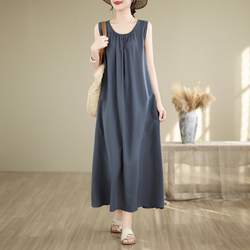 Lazy Casual Style Cotton Silk Dress for Women in Summer, Loose and Slimming, Sleeveless Vest Long Skirt, Gentle and Suitable for Vacation