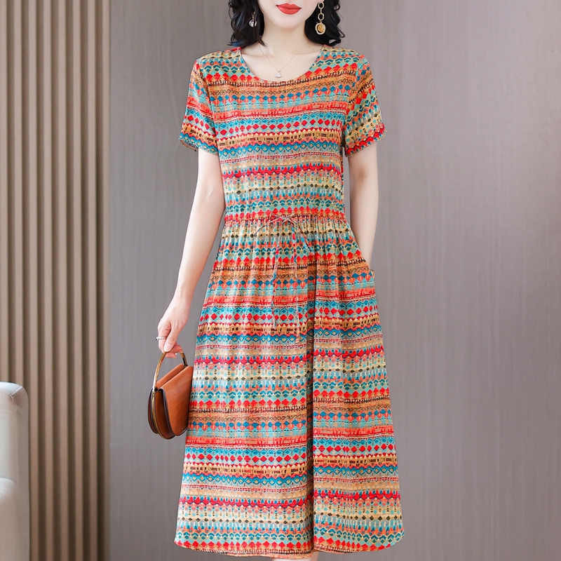 2026 New Style Elegant Pure Cotton Silk Dress for Women, Summer Fashion, Waist-Cinching, Slimming, Mid-Length Rayon Printed Dress