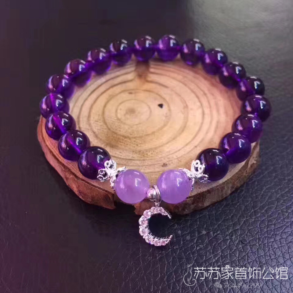 苏苏家原创单圈天然薰衣草紫水晶手链 手工s925纯银月亮手串首饰