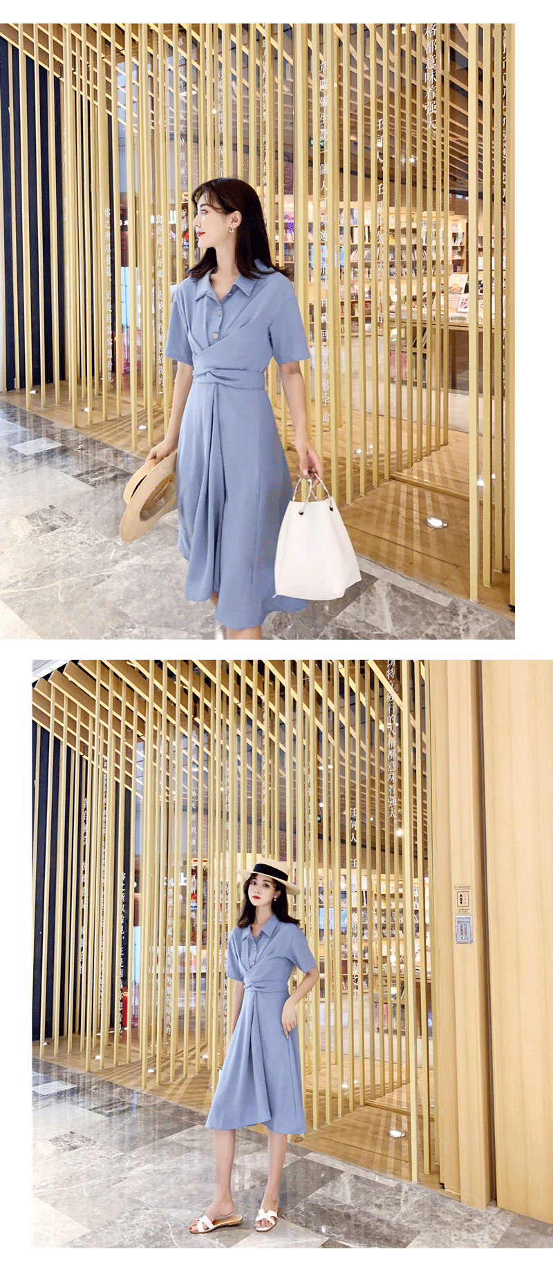 VK旗艦店 韓國風復古淑女純色顯瘦收腰系帶短袖洋裝