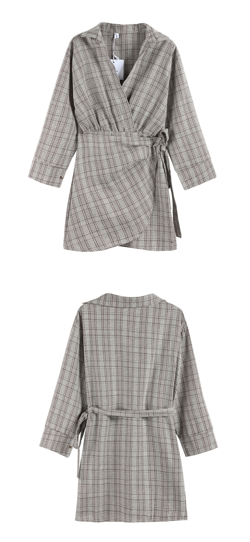 VK旗艦店 韓系復古V領格紋假兩件不規則襯衫長袖洋裝