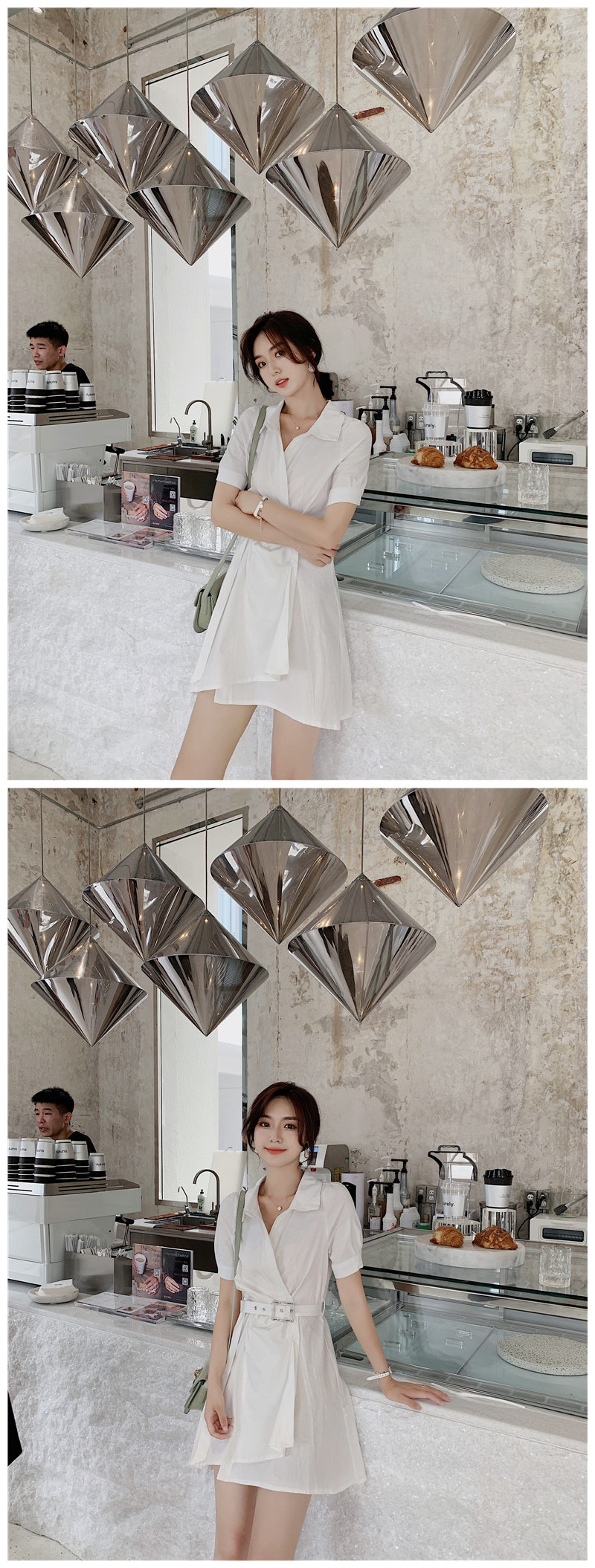 VK旗艦店 韓系文藝V領側排扣腰帶襯衫不規則短袖洋裝