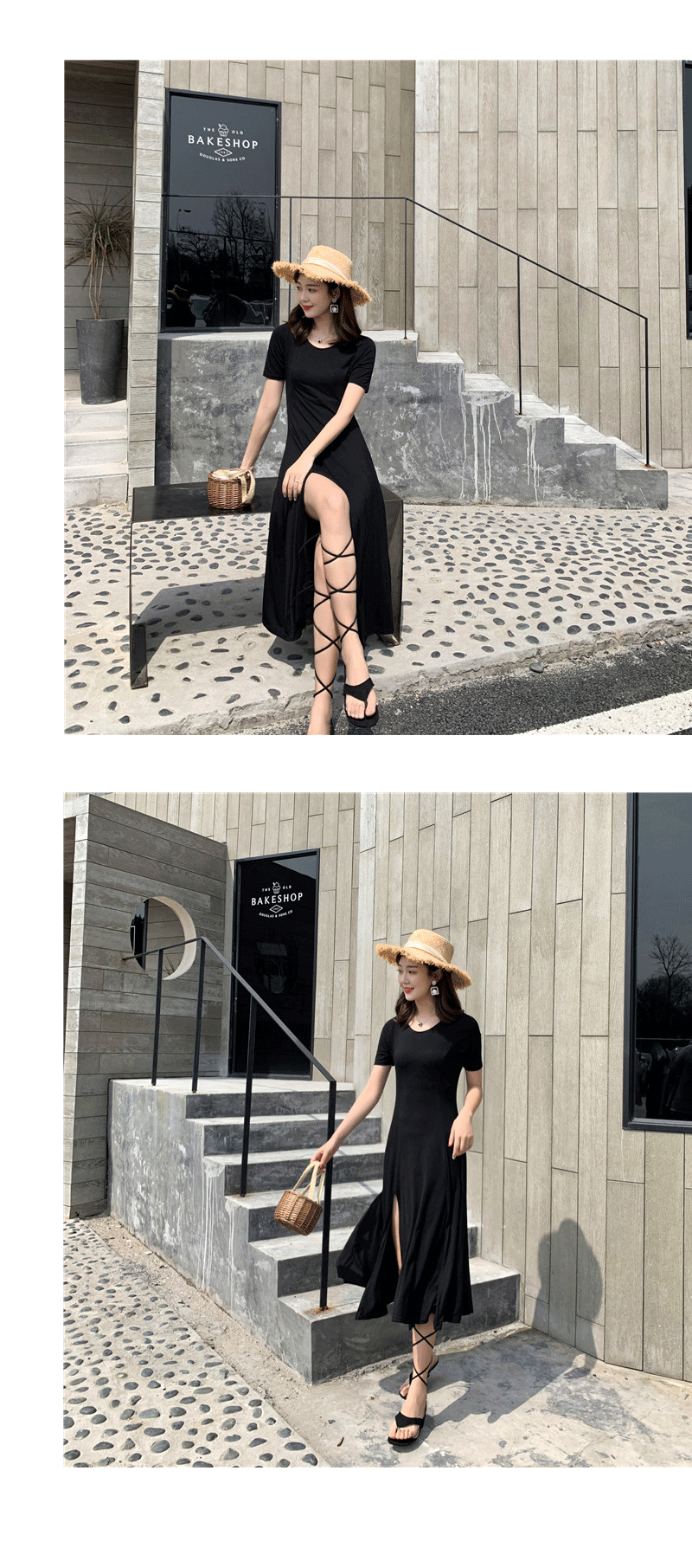 VK旗艦店 韓系復古性感開叉顯瘦修身赫本短袖洋裝