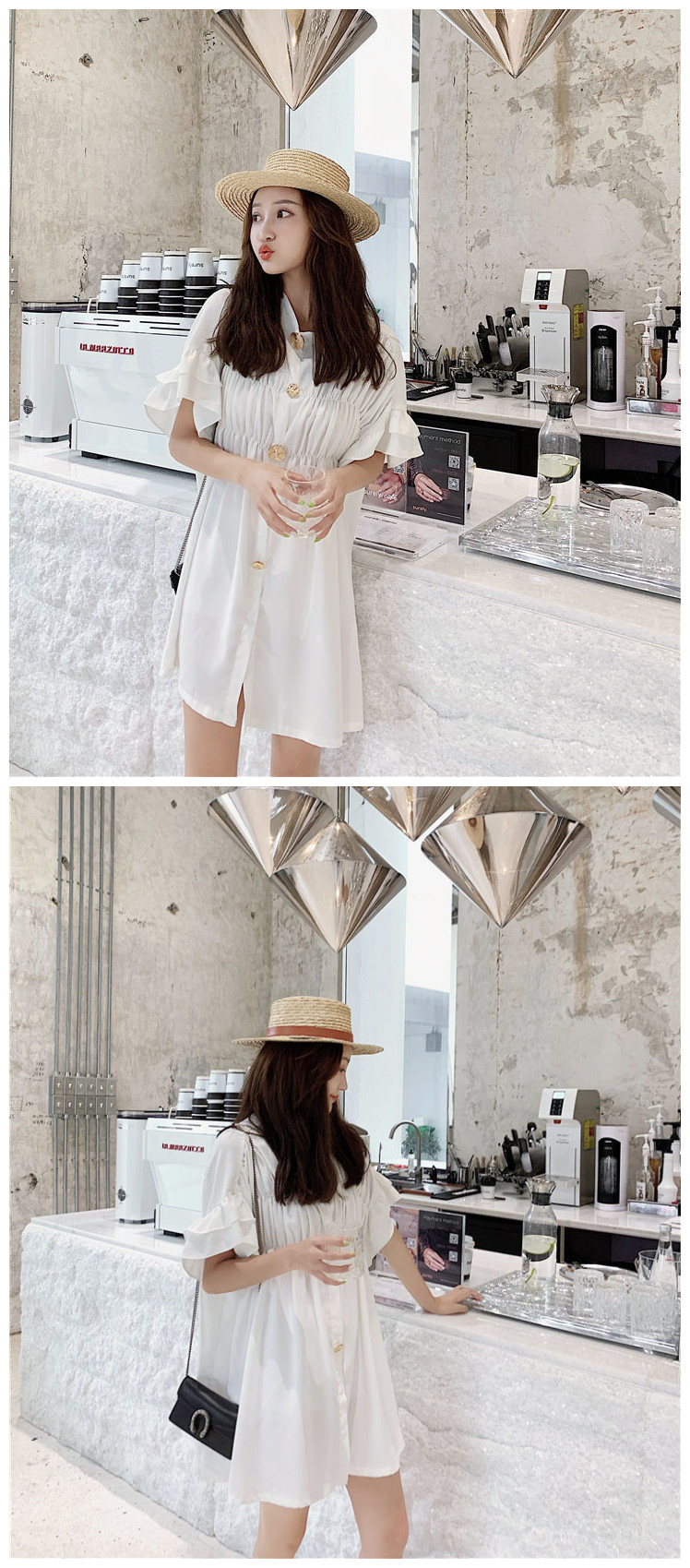 VK旗艦店 韓國風名媛花邊袖立領褶皺寬鬆短袖洋裝