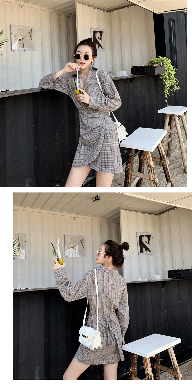VK旗艦店 韓系復古V領格紋假兩件不規則襯衫長袖洋裝