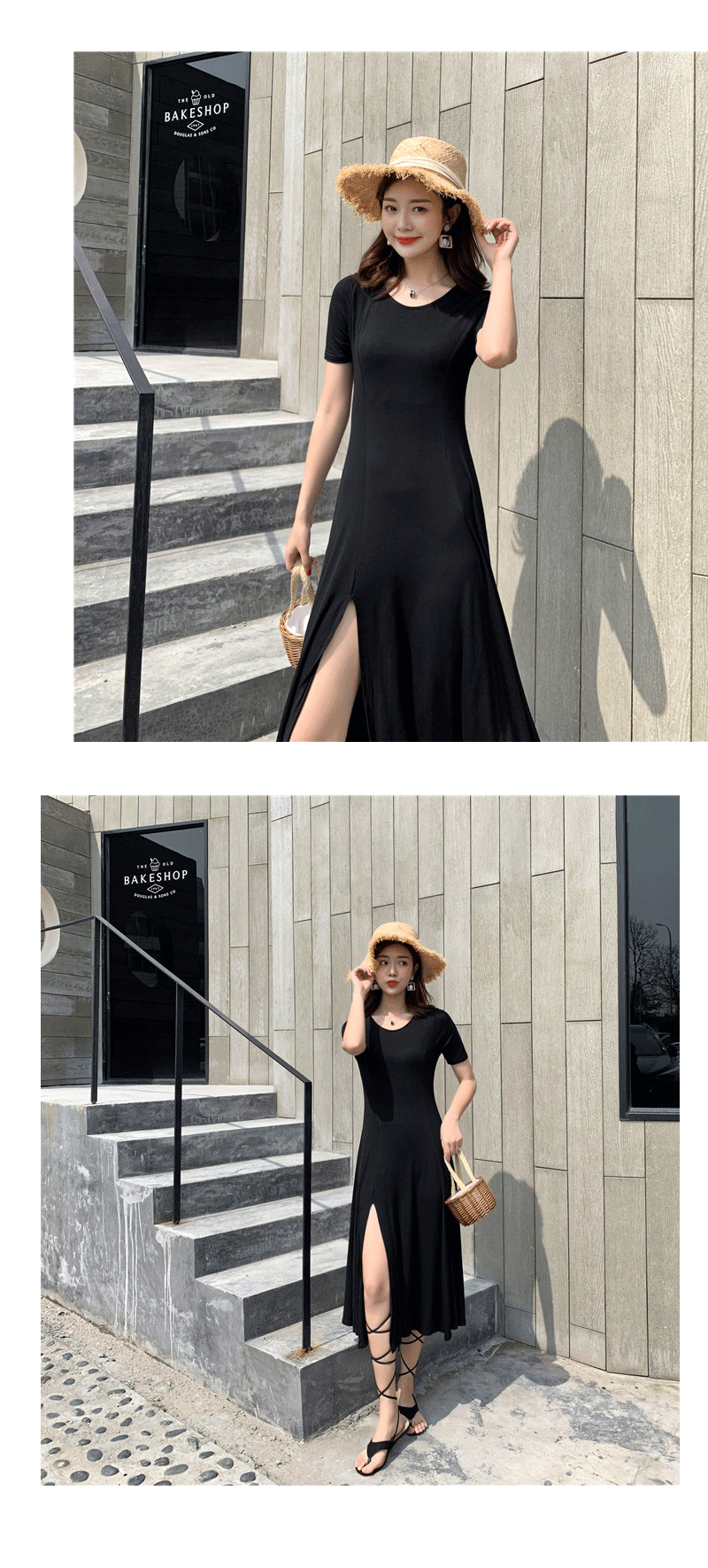 VK旗艦店 韓系復古性感開叉顯瘦修身赫本短袖洋裝