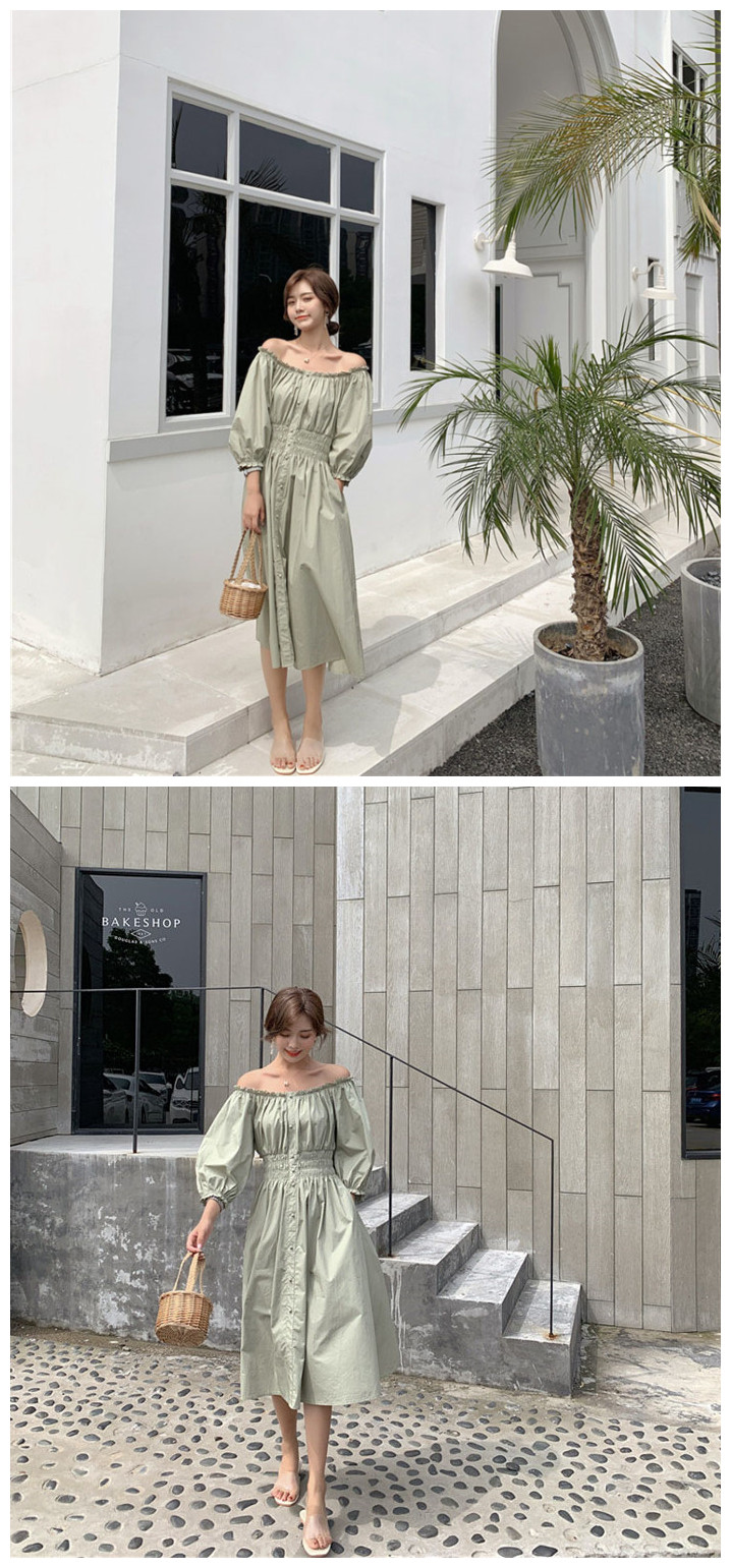 VK旗艦店 韓系氣質收腰一字領露肩口袋襯衫長袖洋裝