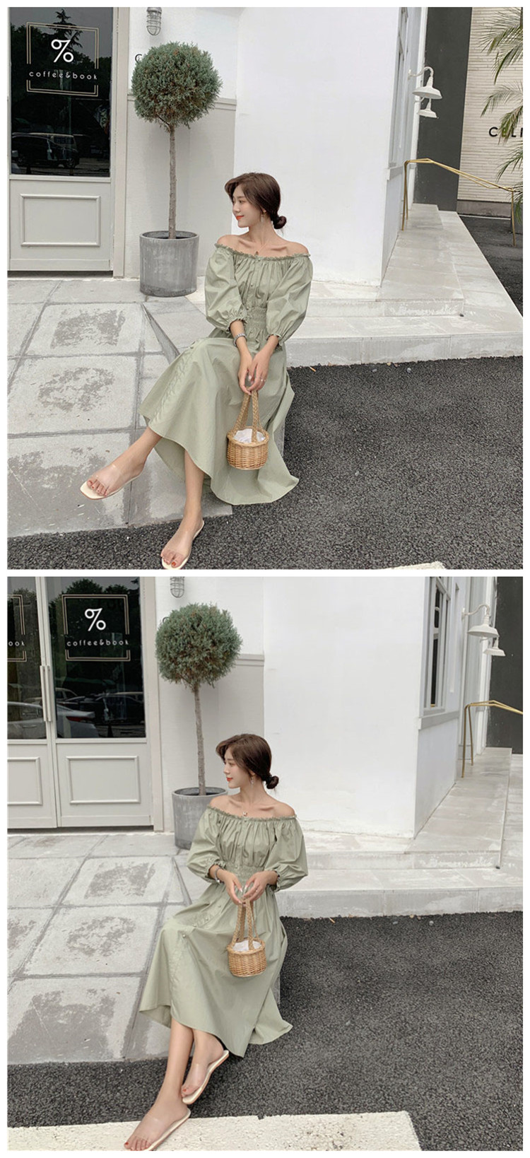 VK旗艦店 韓系氣質收腰一字領露肩口袋襯衫長袖洋裝