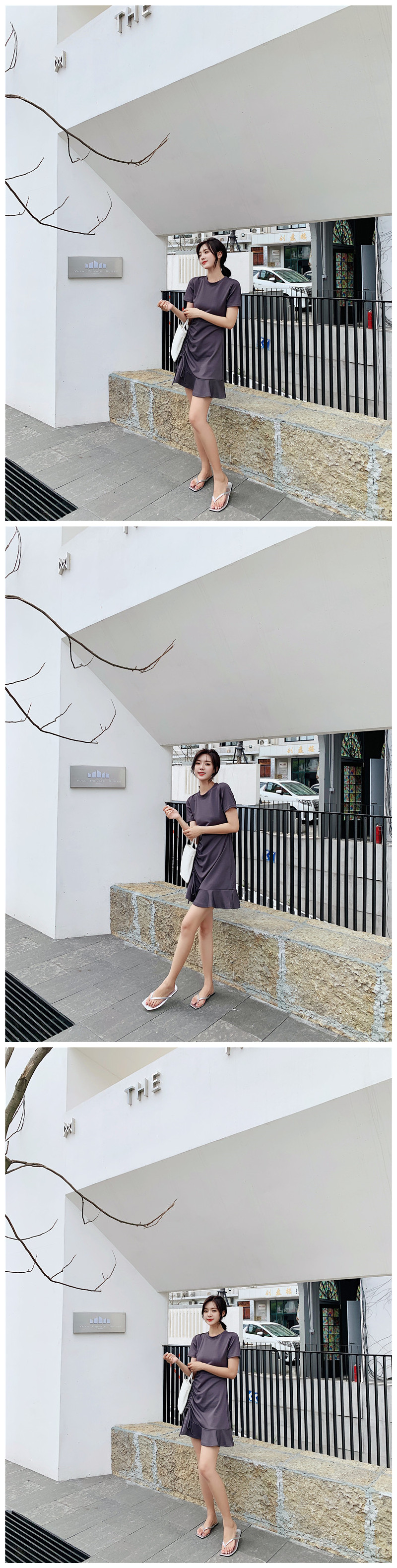 VK旗艦店 韓國風復古修身收腰抽繩荷葉邊短袖洋裝