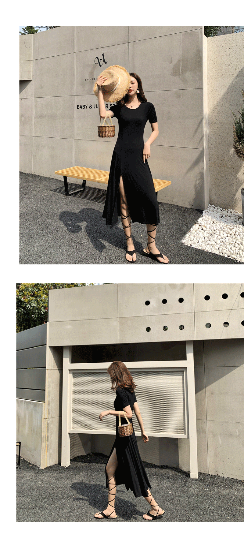 VK旗艦店 韓系復古性感開叉顯瘦修身赫本短袖洋裝