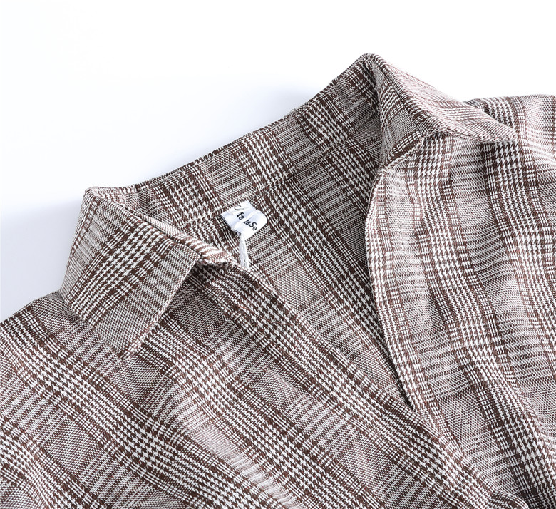 VK旗艦店 韓系復古V領格紋假兩件不規則襯衫長袖洋裝