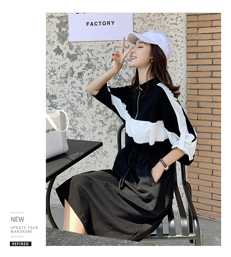 VK旗艦店 韓系拉鏈系帶撞色拼接寬鬆運動風長袖洋裝