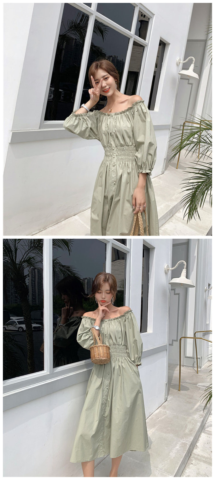 VK旗艦店 韓系氣質收腰一字領露肩口袋襯衫長袖洋裝