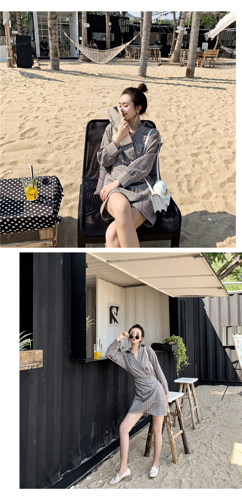 VK旗艦店 韓系復古V領格紋假兩件不規則襯衫長袖洋裝