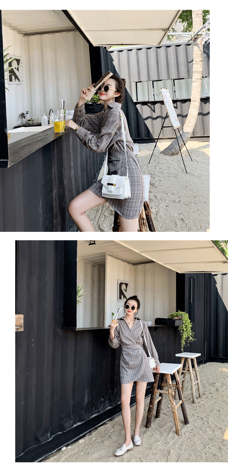 VK旗艦店 韓系復古V領格紋假兩件不規則襯衫長袖洋裝