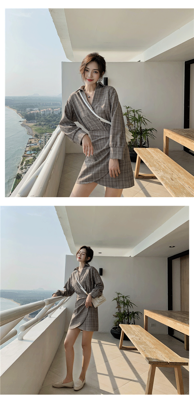 VK旗艦店 韓系復古V領格紋假兩件不規則襯衫長袖洋裝